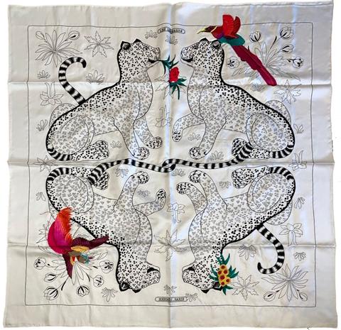 A variation of the Hermès scarf `Les Leopards Oiseaux Fleuris` first edited in 2013 by `Christiane Vauzelles`