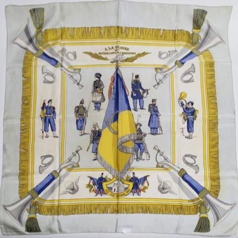 A variation of the Hermès scarf `À la Gloire des bataillons de chasseurs` first edited in 1952 by `Hugo Grygkar`