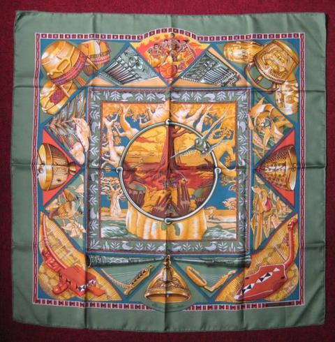 A variation of the Hermès scarf `Au son des tam-tam` first edited in 1997 by `Laurence Bourthoumieux`