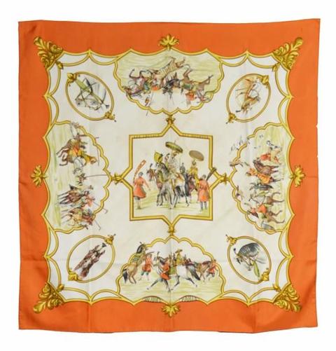 A variation of the Hermès scarf `Les chevaux des moghols ` first edited in 1993 by `Jean De Fougerolle`