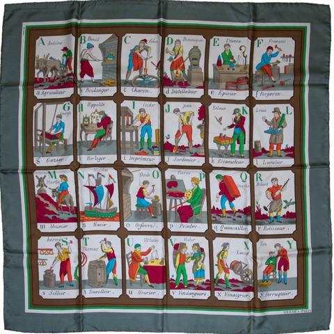A variation of the Hermès scarf `L'alphabet des métiers` first edited in 1945 by `Philippe Dauchez`